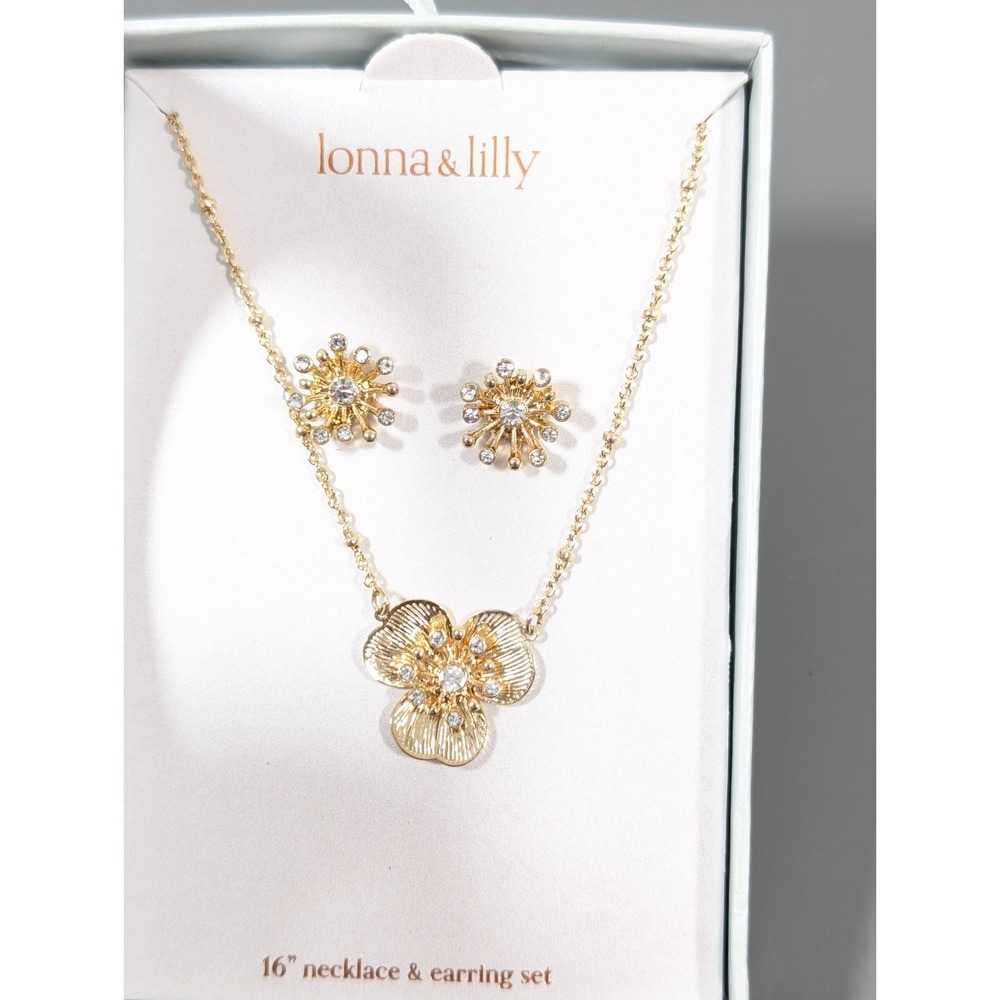 Lonna & Lilly Necklace Earring Set Gold Tone Flower‎ Rhinestone Boho - Picture 4 of 5